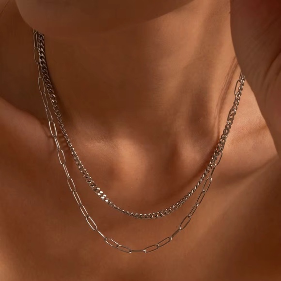 Double Layer Silver Chain Necklace - Picture 1 of 6